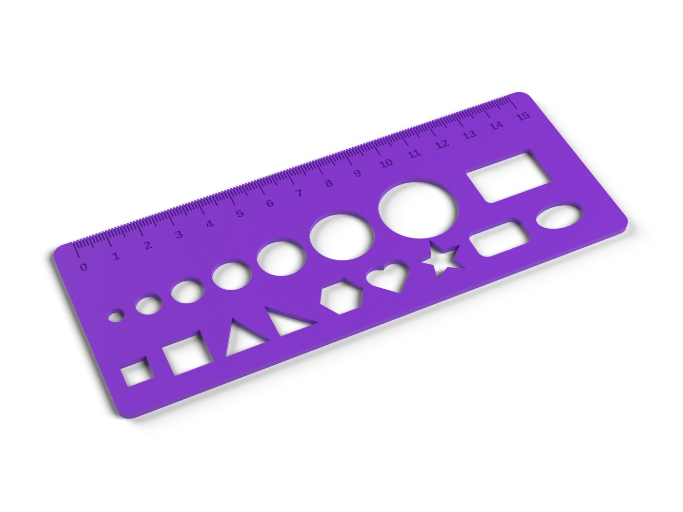 Shape Template Ruler - 15 cm Ruler with Circles, Squares, Triangles and More Stencil, No Supports (OpenSCAD)