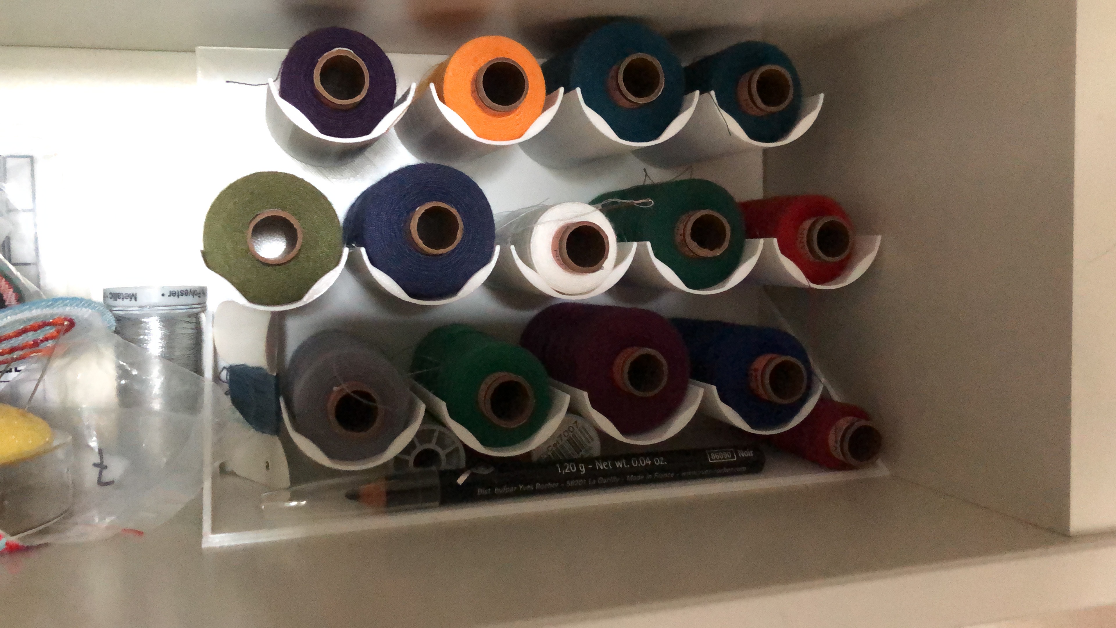 Thread spool organizer for shelf