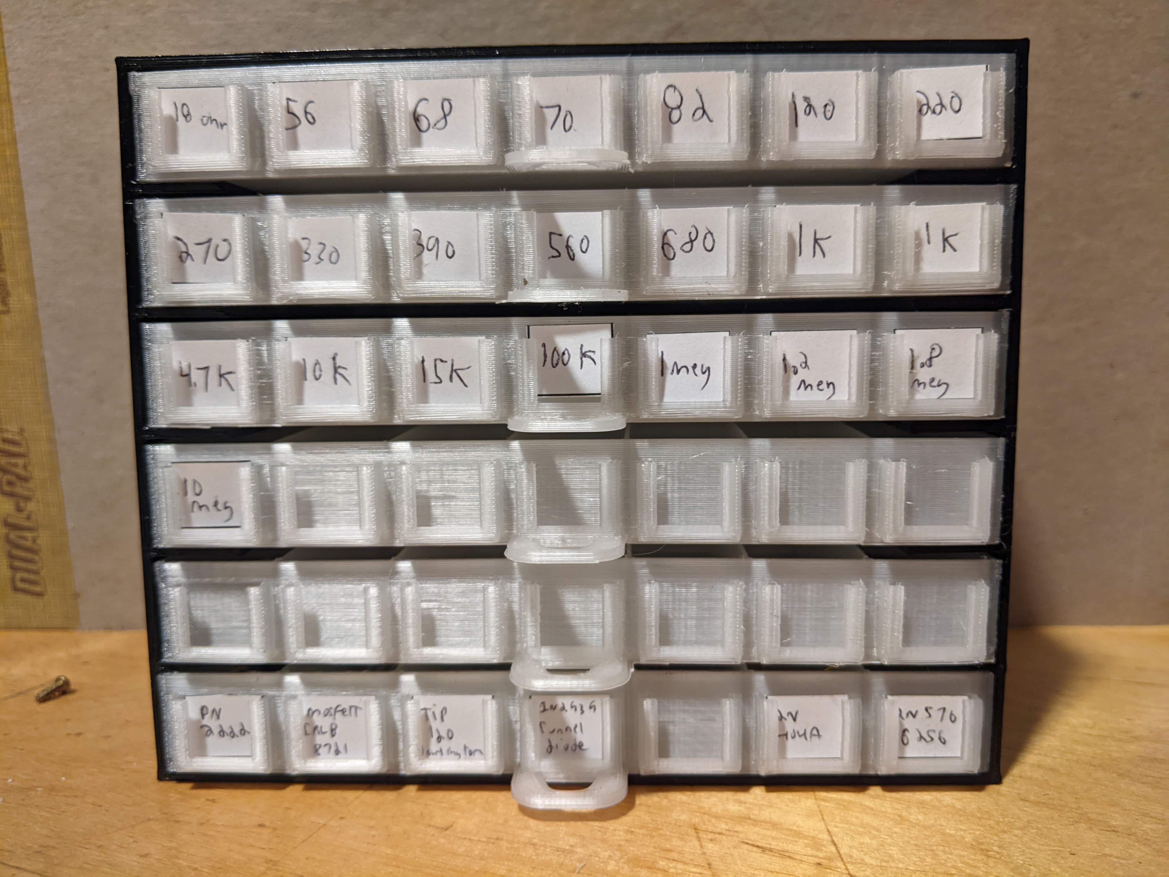 Resistor drawer with holders for labels