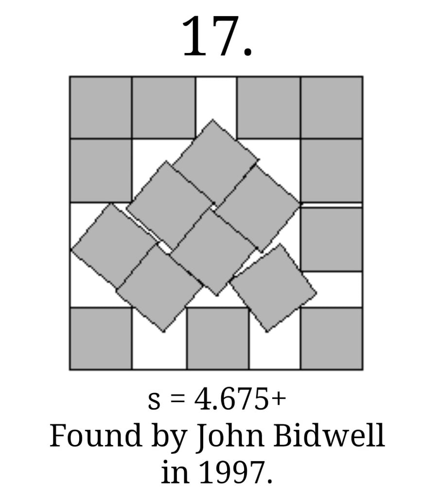 The optimal known packing of 17 equal squares into a larger square - i.e. the arrangement which minimizes the size of the large square.
