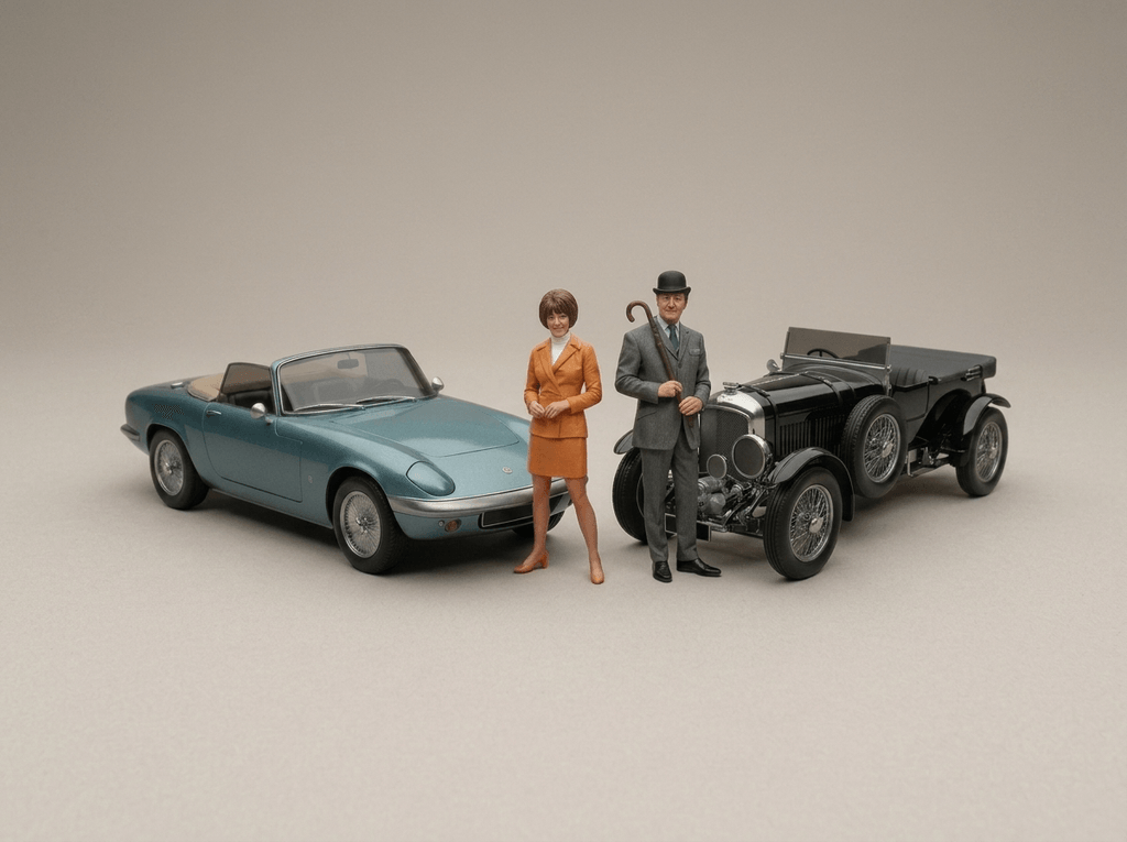 The Avengers - John Steed (Patrick Macnee) and Emma Peel (Diana Rigg) with a 1930 Bentley Blower 4.5L Supercharged and a 1962 Lotus Elan S2  - 1961–1969.