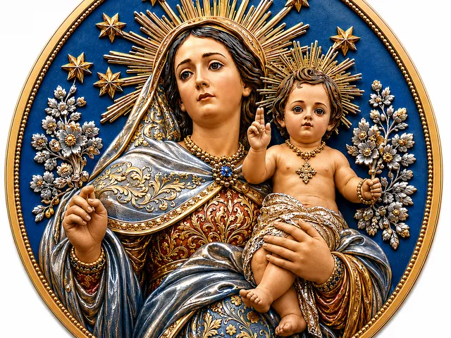 Virgin Mary and Child Jesus Round Relief Medallion – 3D Printable STL for CNC, Resin & FDM Printing