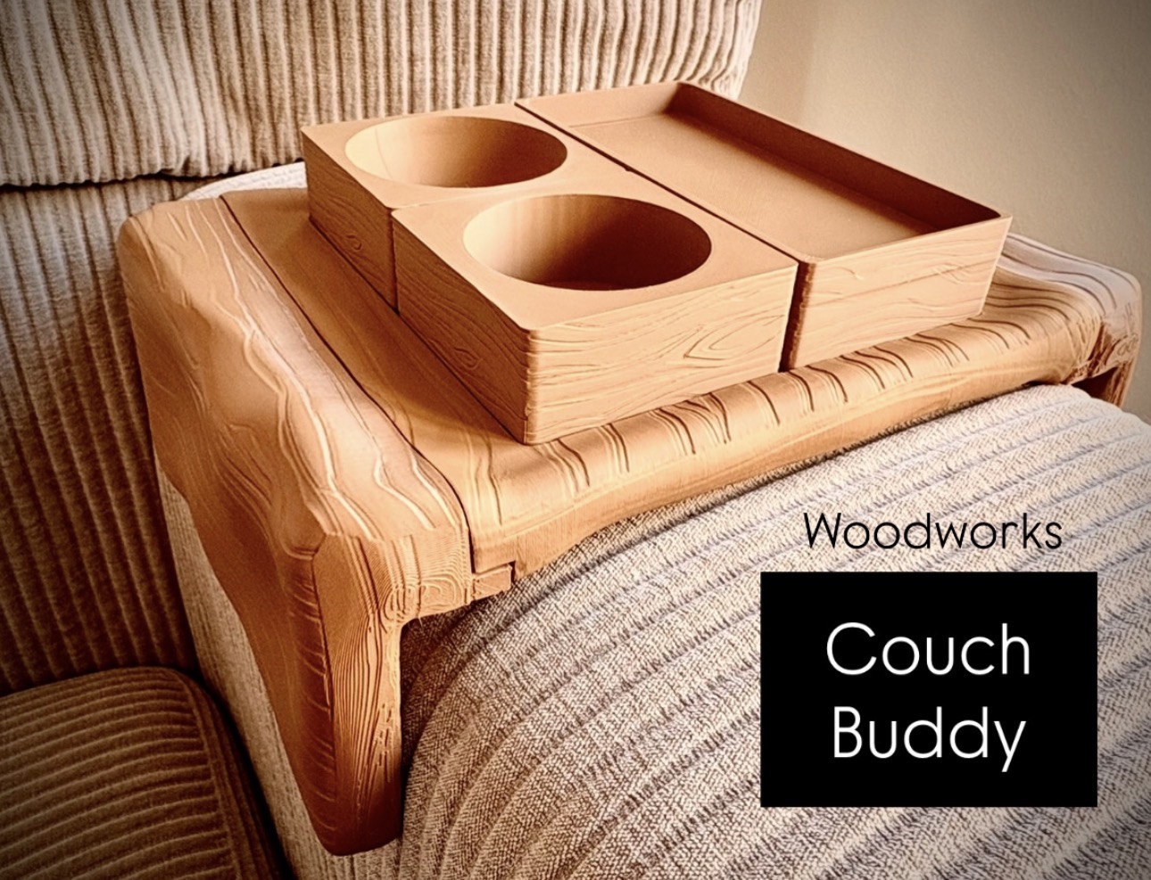 Woodworks | Couch Buddy | Wooden armrest table with modular plates