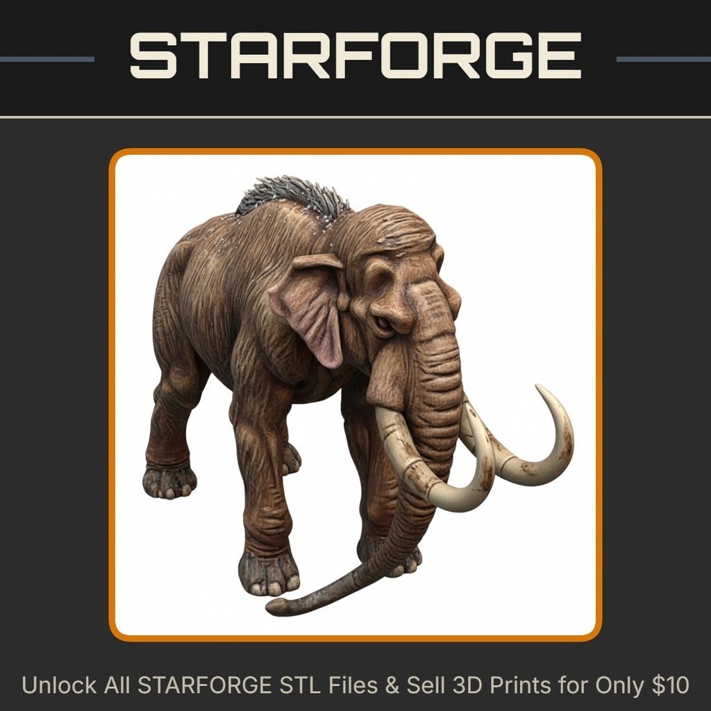 28mm Woolly Mammoth Curved Tusks Shaggy Fur Creature Walking Pose StarForge Kits 3D Print STL File
