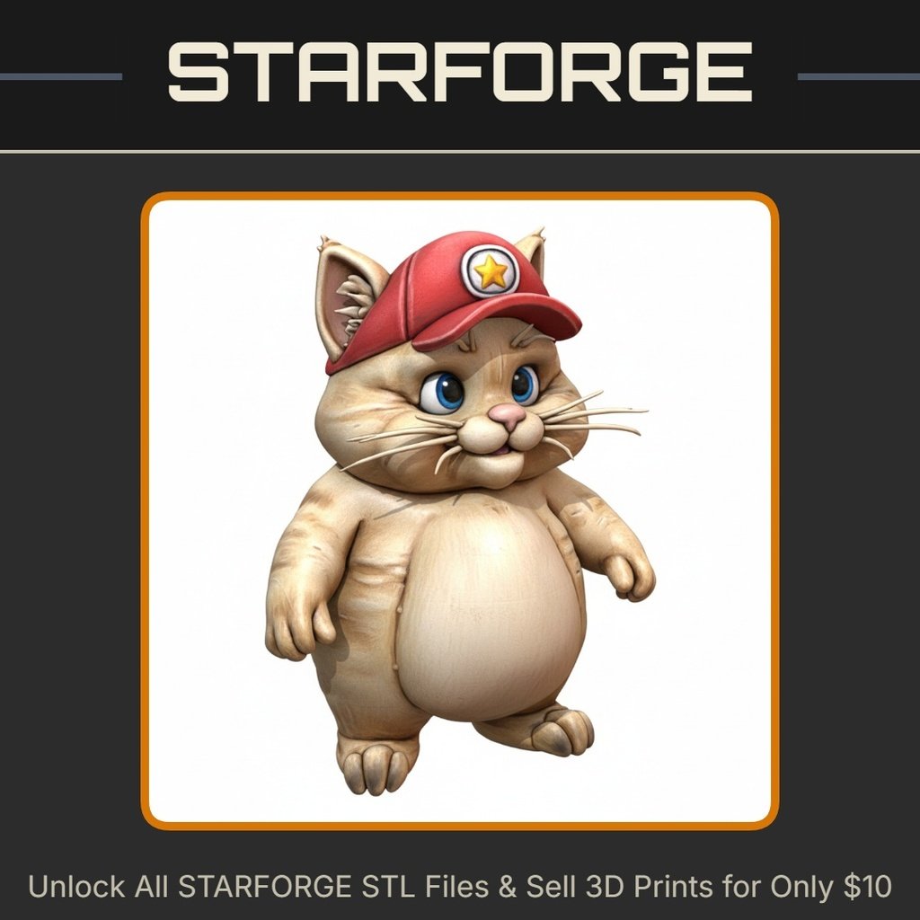 Chubby Cat Wearing Cap Cute Anime Style Animal Character StarForge Kits 3D Print STL File