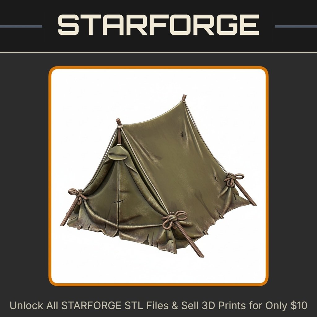 28mm WW2 Military Canvas Tent with Rope Ties and Wooden Poles StarForge Kits 3D Print STL File