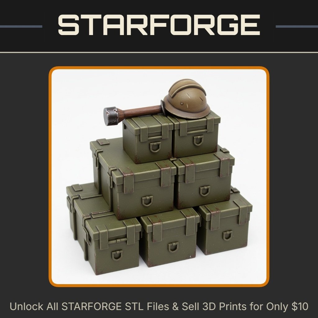 28mm WW2 Military Supply Crates Stack with Helmet and Shovel StarForge Kits 3D Print STL File