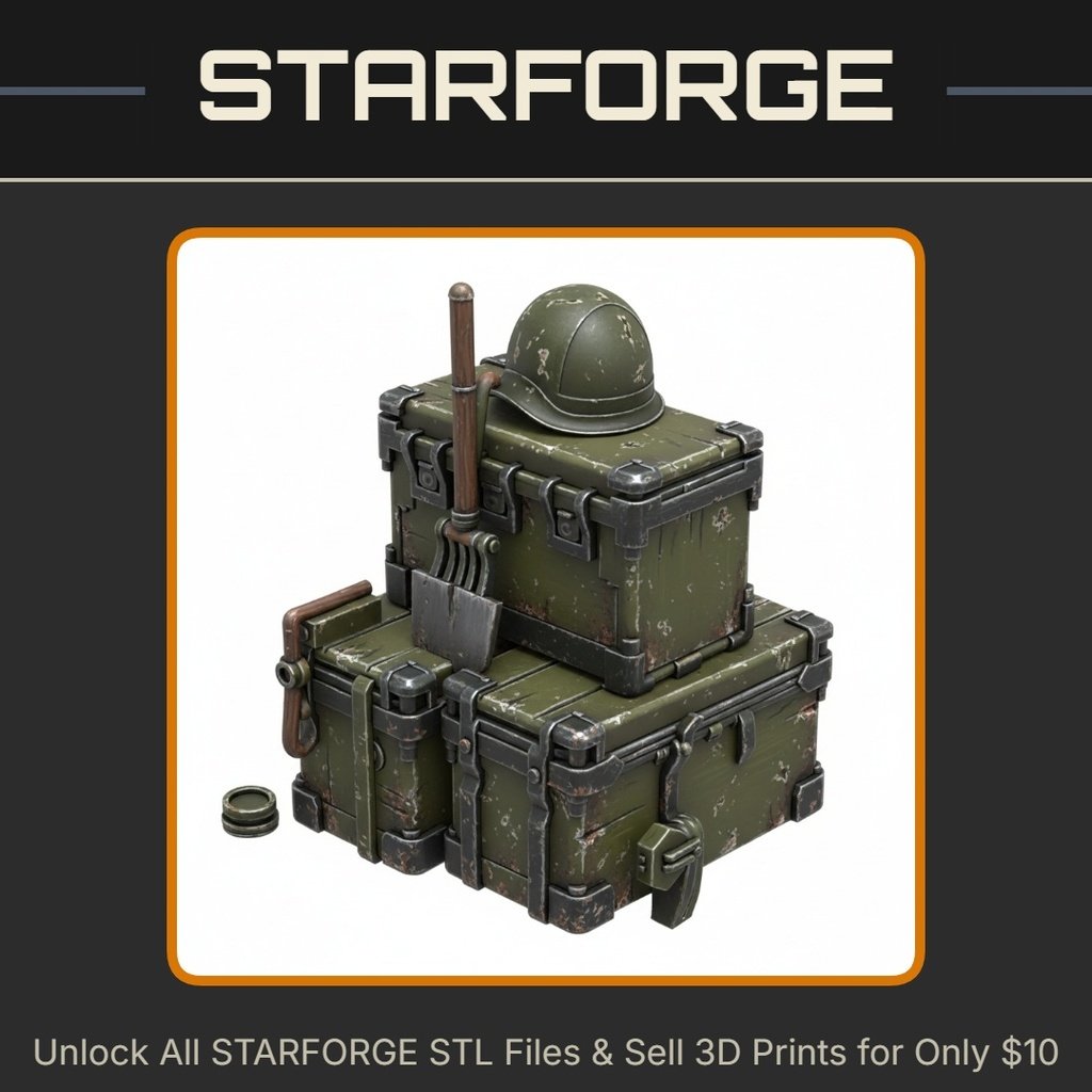 28mm WW2 Military Supply Crates with Helmet and Shovel Set StarForge Kits 3D Print STL File