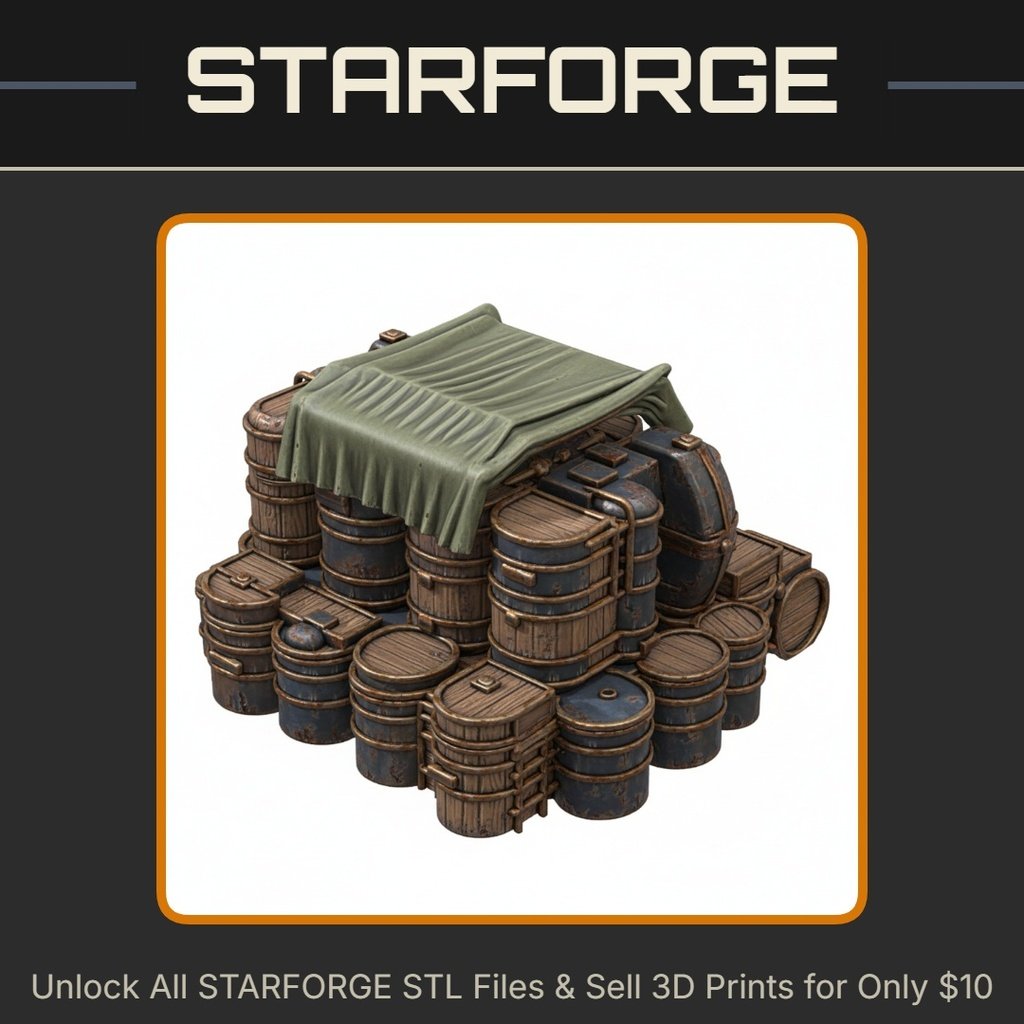 28mm WWII Military Supply Barrels and Crates Stack with Tarp Cover StarForge Kits 3D Print STL File