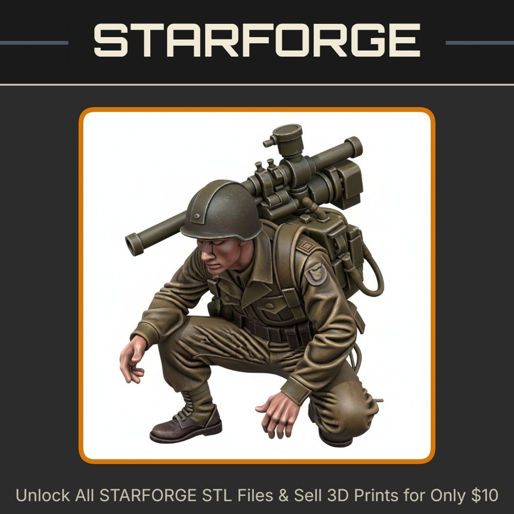 28mm WW2 Soldier Crouching with Bazooka Backpack Tactical Gear StarForge Kits 3D Print STL File