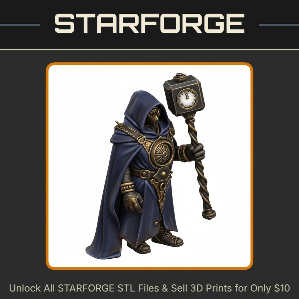 28mm Steampunk Hooded Timekeeper With Clock Staff and Intricate Armor Details StarForge Kits 3D Print STL File