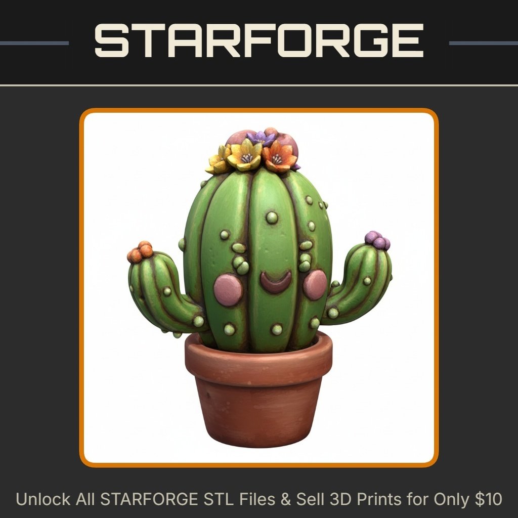 Cute Desert Cactus with Playful Expression and Flower Buds StarForge Kits 3D Print STL File