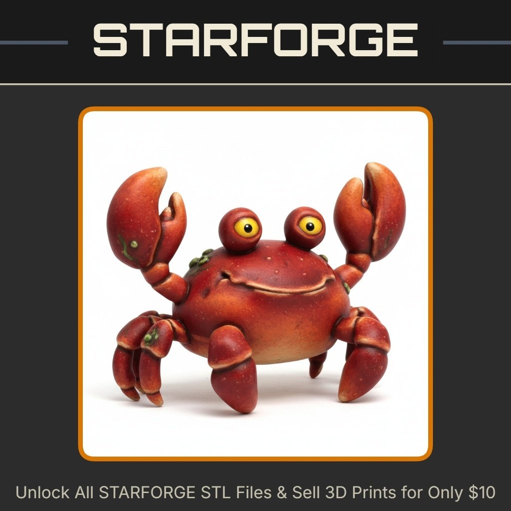 Smiling Cartoon Crab Figurine with Raised Claws StarForge Kits 3D Print STL File