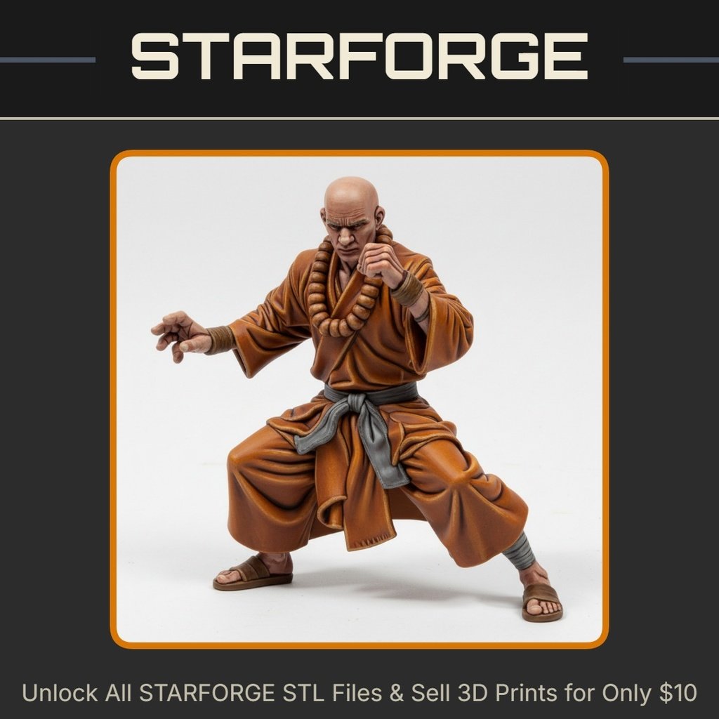 28mm DND Monk Martial Artist Robes Beaded Necklace Fighting Stance Bald Head StarForge Kits 3D Print STL File