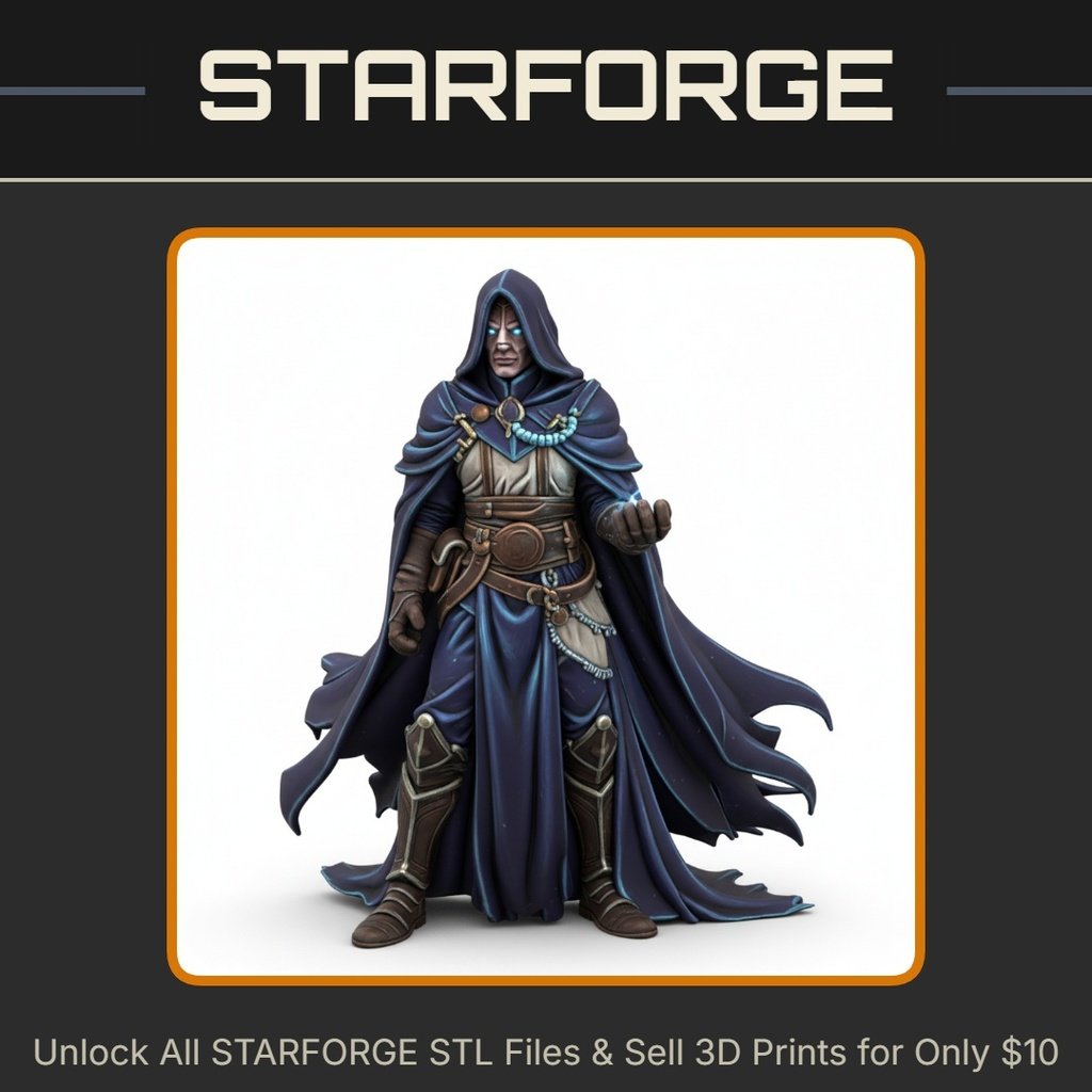 28mm DND Hooded Sorcerer Robes Spellcasting Pose Cloak Chains StarForge Kits 3D Print STL File