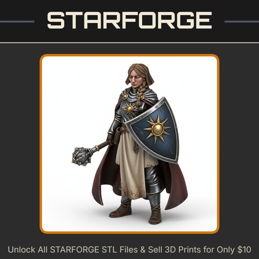28mm DND Armored Female Warrior Mace Sun Emblem Shield Braided Hair Cloak StarForge Kits 3D Print STL File