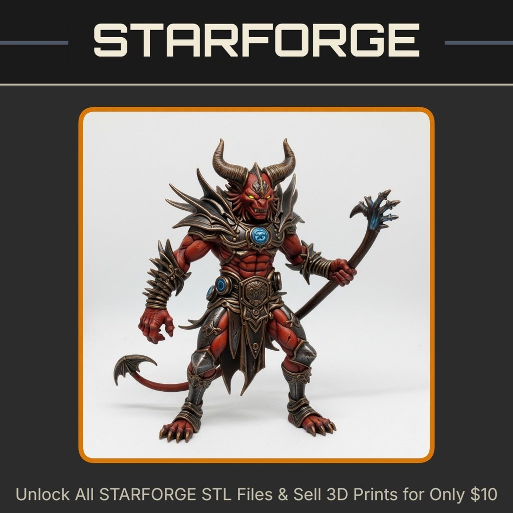 28mm DND Horned Demon Warrior Spiked Armor Staff Tail Fierce Stance StarForge Kits 3D Print STL File