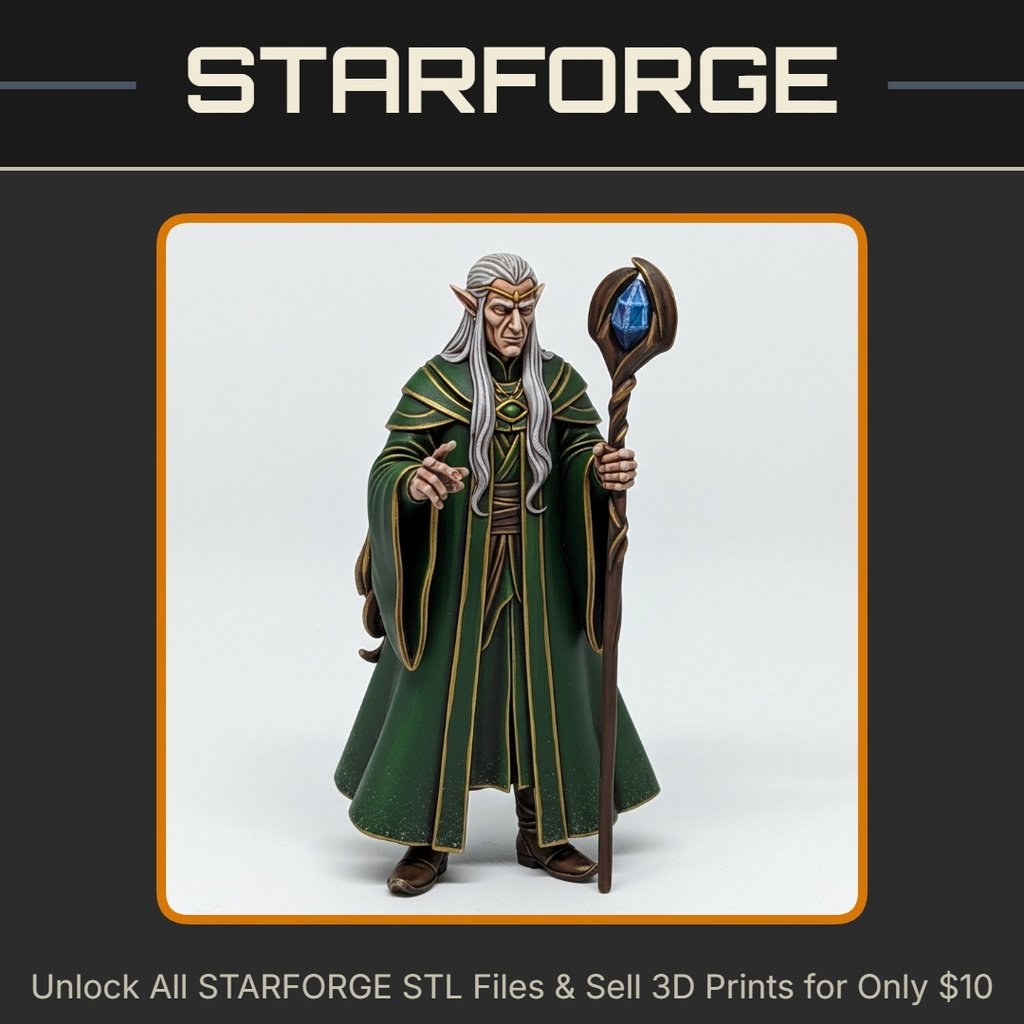 28mm DND Elf Wizard Long Robe Staff Casting Spell Mystical Gem StarForge Kits 3D Print STL File