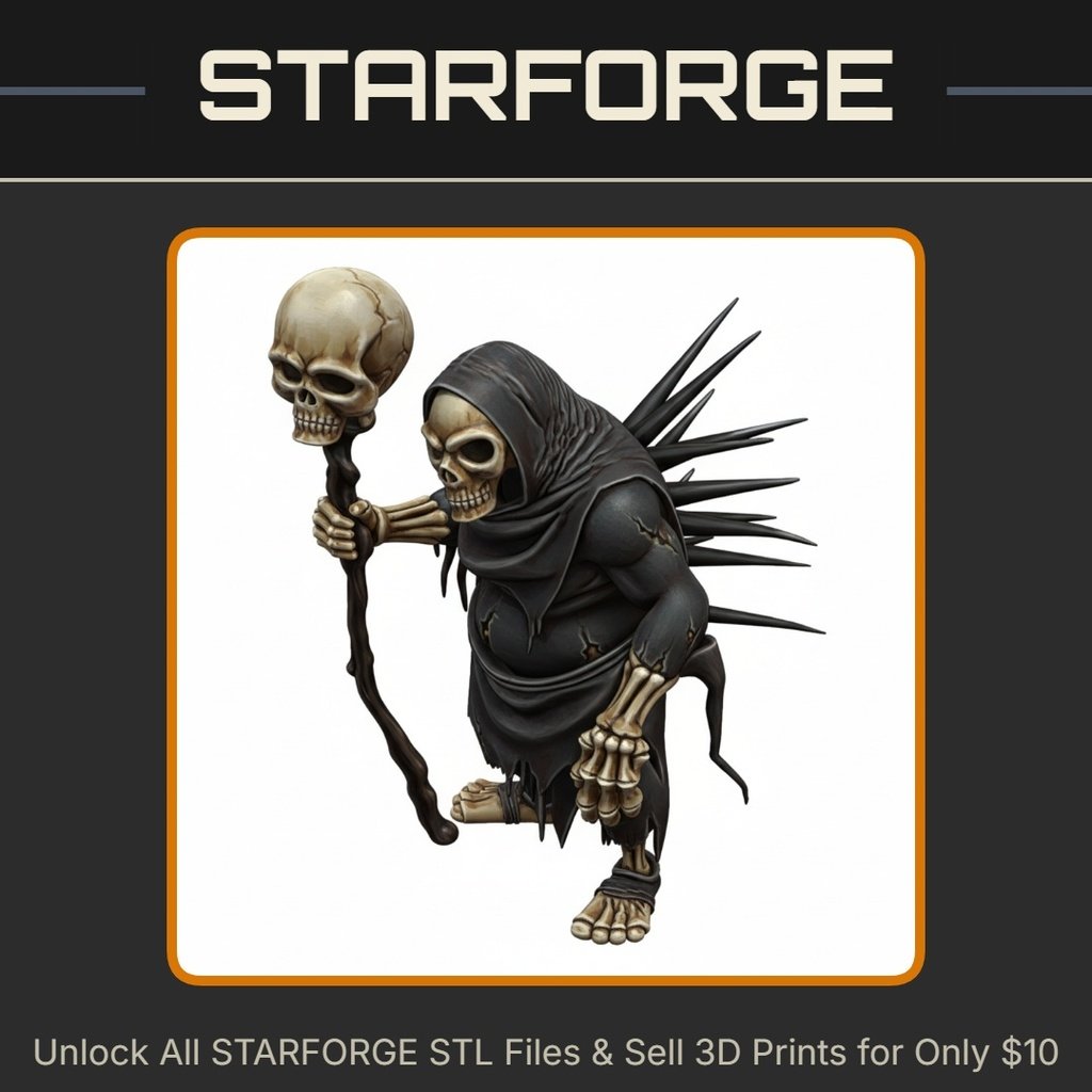 28mm Hooded Skeleton Mage Staff Bone Spikes Tattered Robe Dark StarForge Kits 3D Print STL File