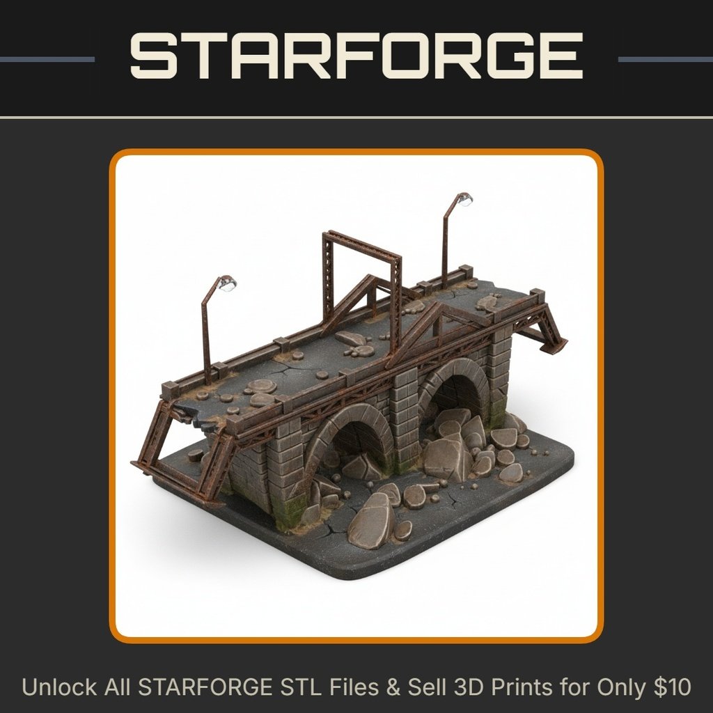 28mm WW2 Era Stone Arch Bridge with Rubble and Street Lamps StarForge Kits 3D Print STL File