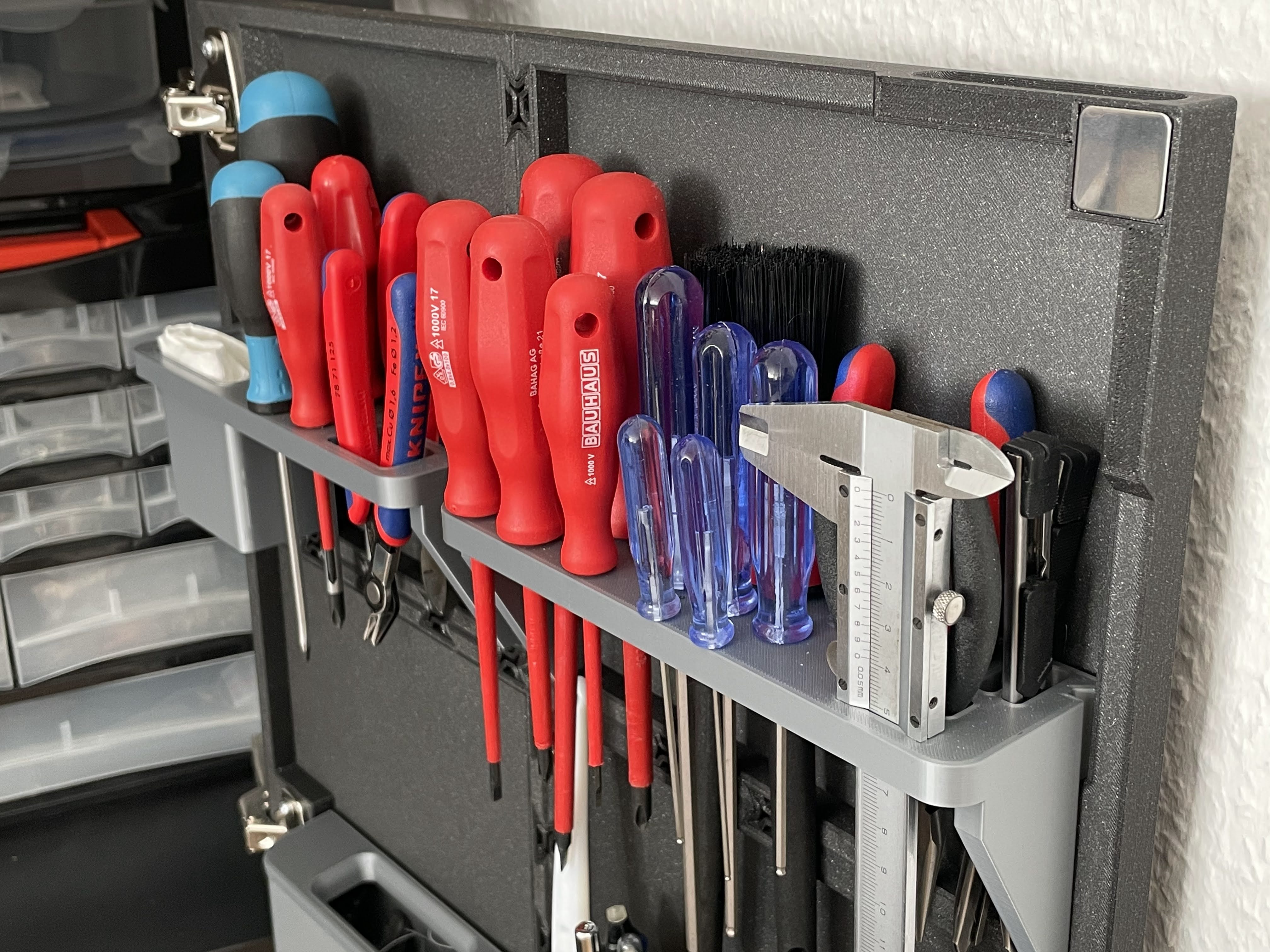 Tool holder, pocket, trash bin for Front door for IKEA LACK enclosure