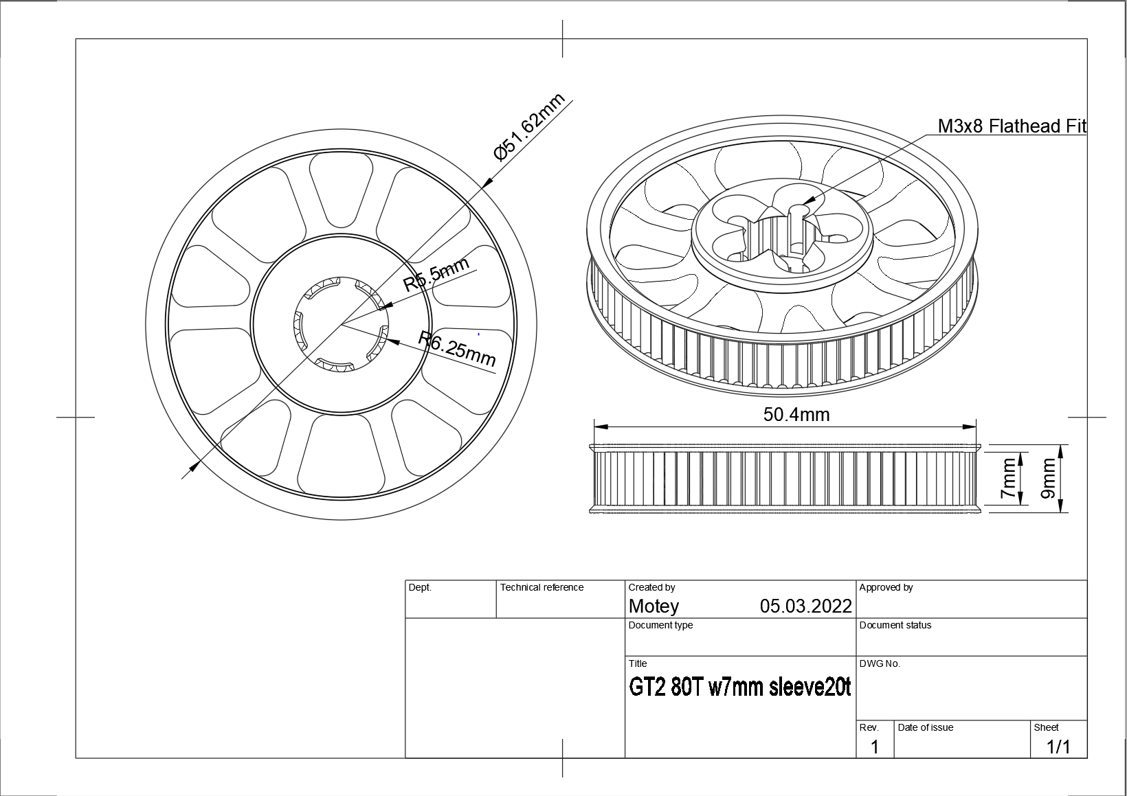 Timing Belt Pulley GT2 80t 6mm sleeve for 20t pulley by motey