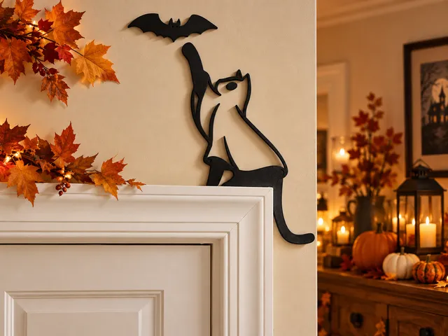 Halloween Cat & Bat Door Frame Wall Art – Spooky Wall Decoration