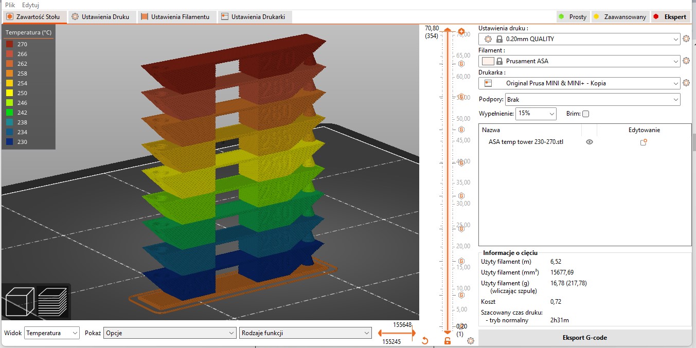 TempTower ASA Prusa mini 230-270 i PETG 215-250