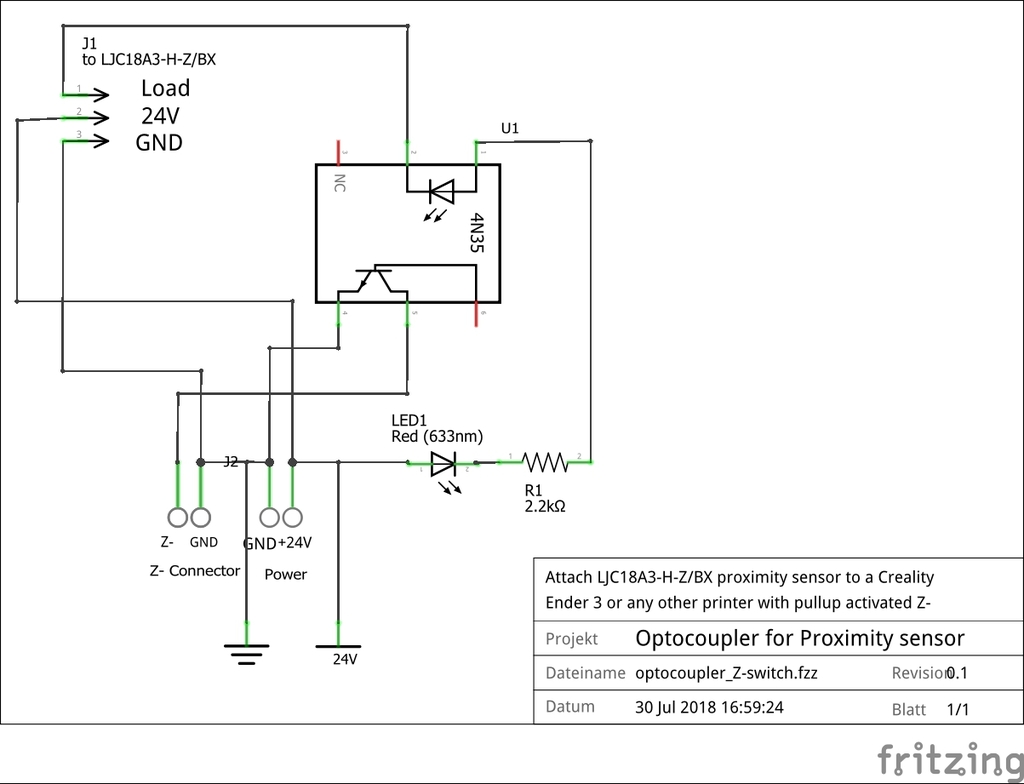 How to attach a LJC18A3-H-Z/BX capacitive probe via optocoupler to Creality Ender 3 (and other printers) 