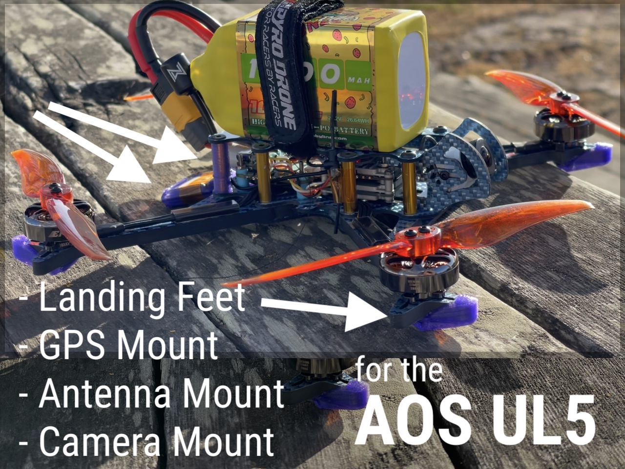 AOS UL5 Parts: GPS + Antenna mounts, landing feet skids arm protectors