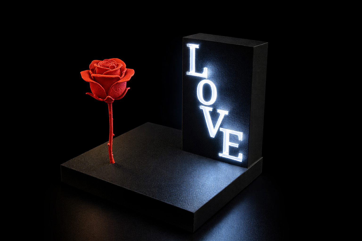 Sculpture featuring a detailed rose and a vertical “LOVE”