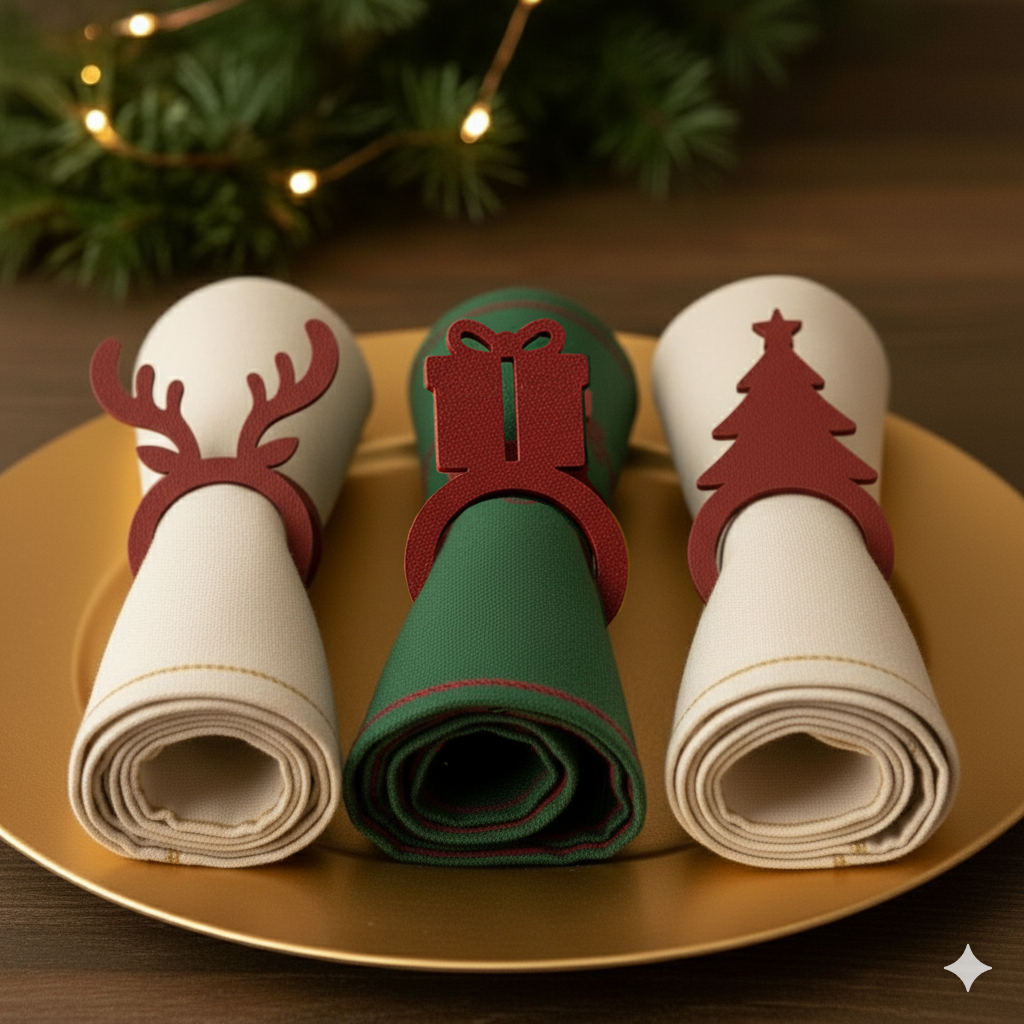 Anillos porta servilletas navideños (set de 3) Christmas Napkin Rings Set (Reindeer, Gift & Tree)