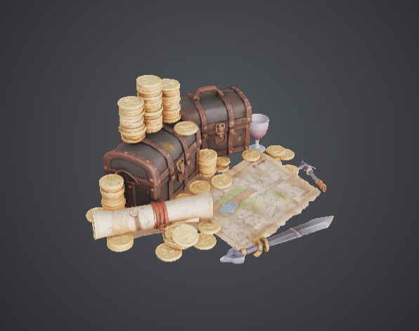 Treasure Chest Loot Scene – Gold Coins, Map and Weapons Display Diorama — thumbnail 3