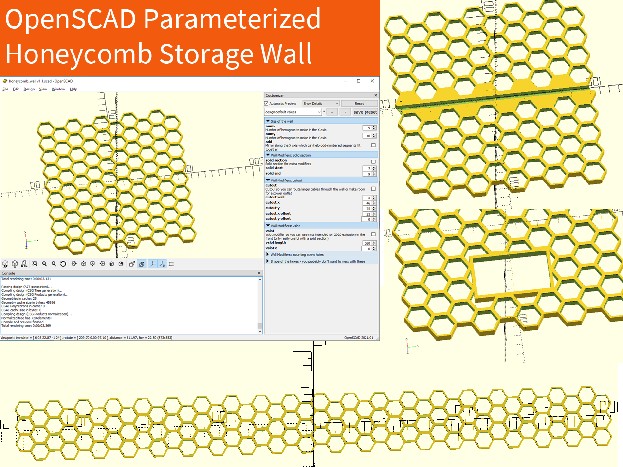 OpenSCAD Parameterized Honeycomb Storage Wall 3D model thumbnail