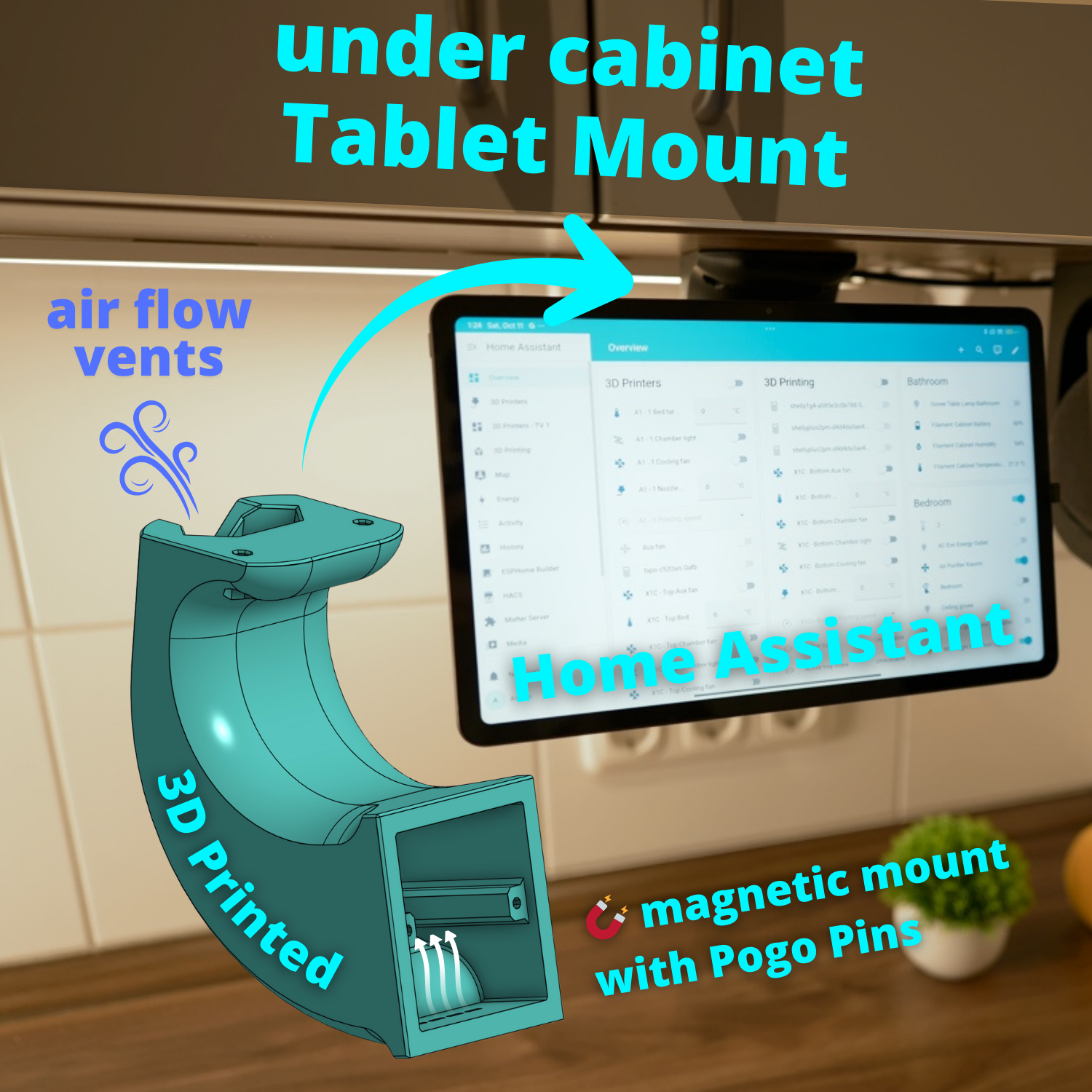 Tablet Under Cabinet Mount with Magnetic Pogo Charger - Home Assistant Dashboard