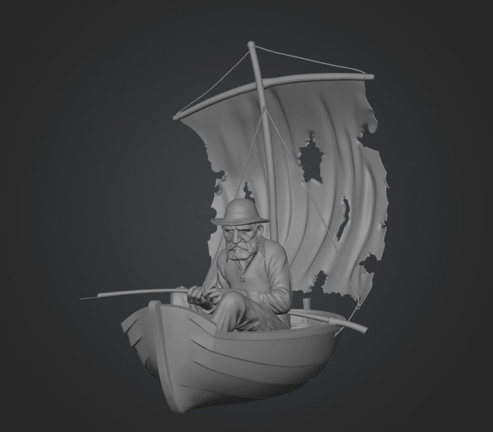 Old fisherman in a boat with a tattered sail