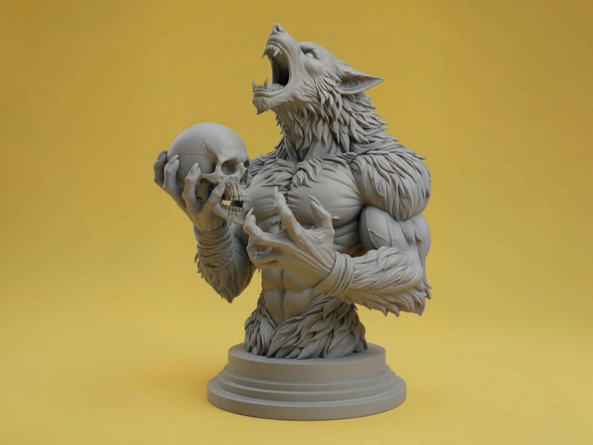 Howling Werewolf Bust Holding Skull