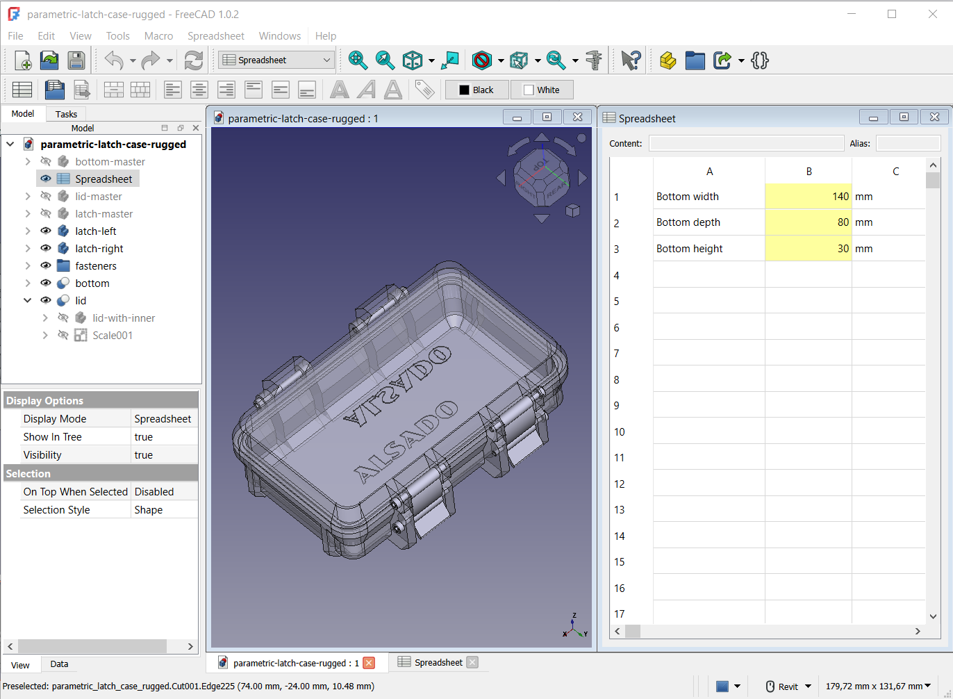 Parametric Rugged Tool Box - FreeCAD parametric file with spreadsheet