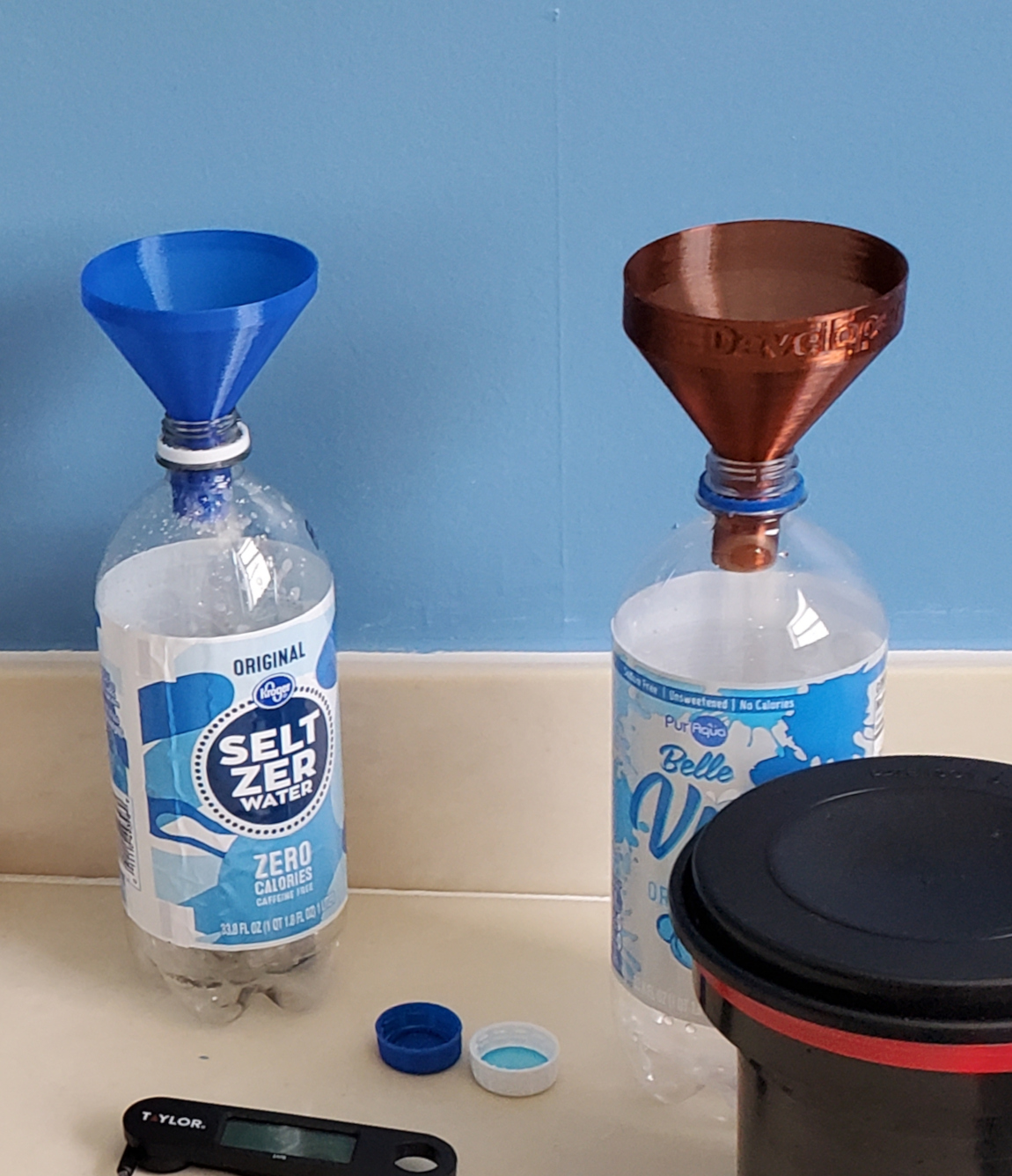 Developer and Fixer labeled funnels for film processing