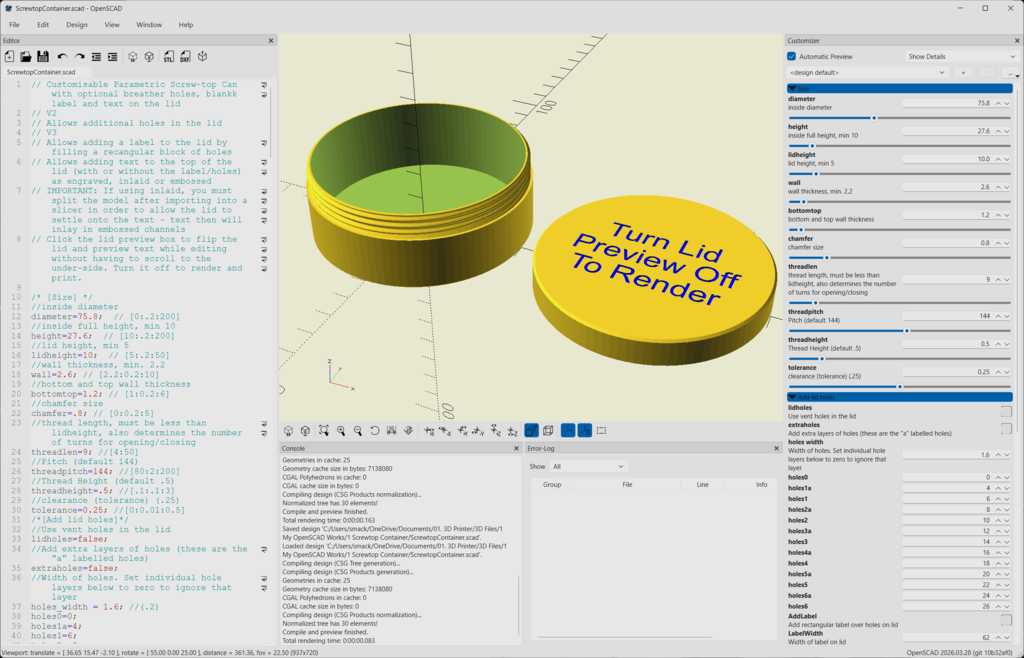 Miniatura 2 do modelo 3D Customisable Parametric Screwtop Container