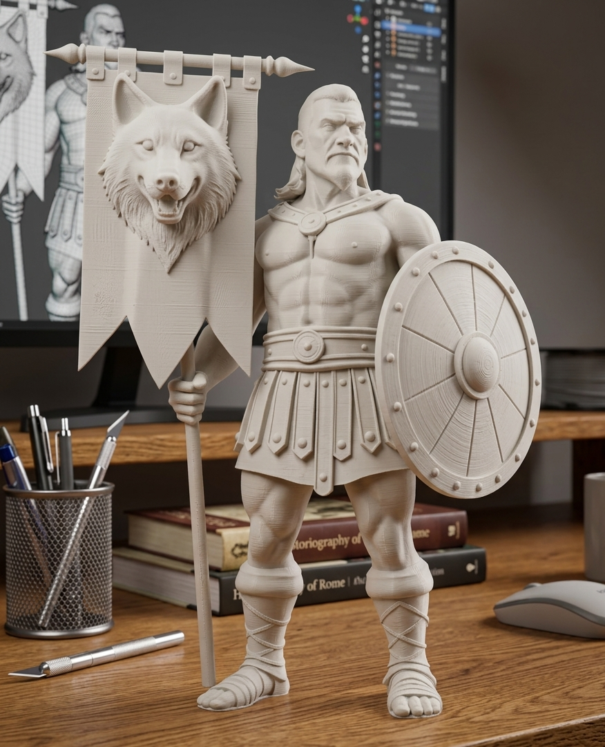 warrior with wolf head banner and shield