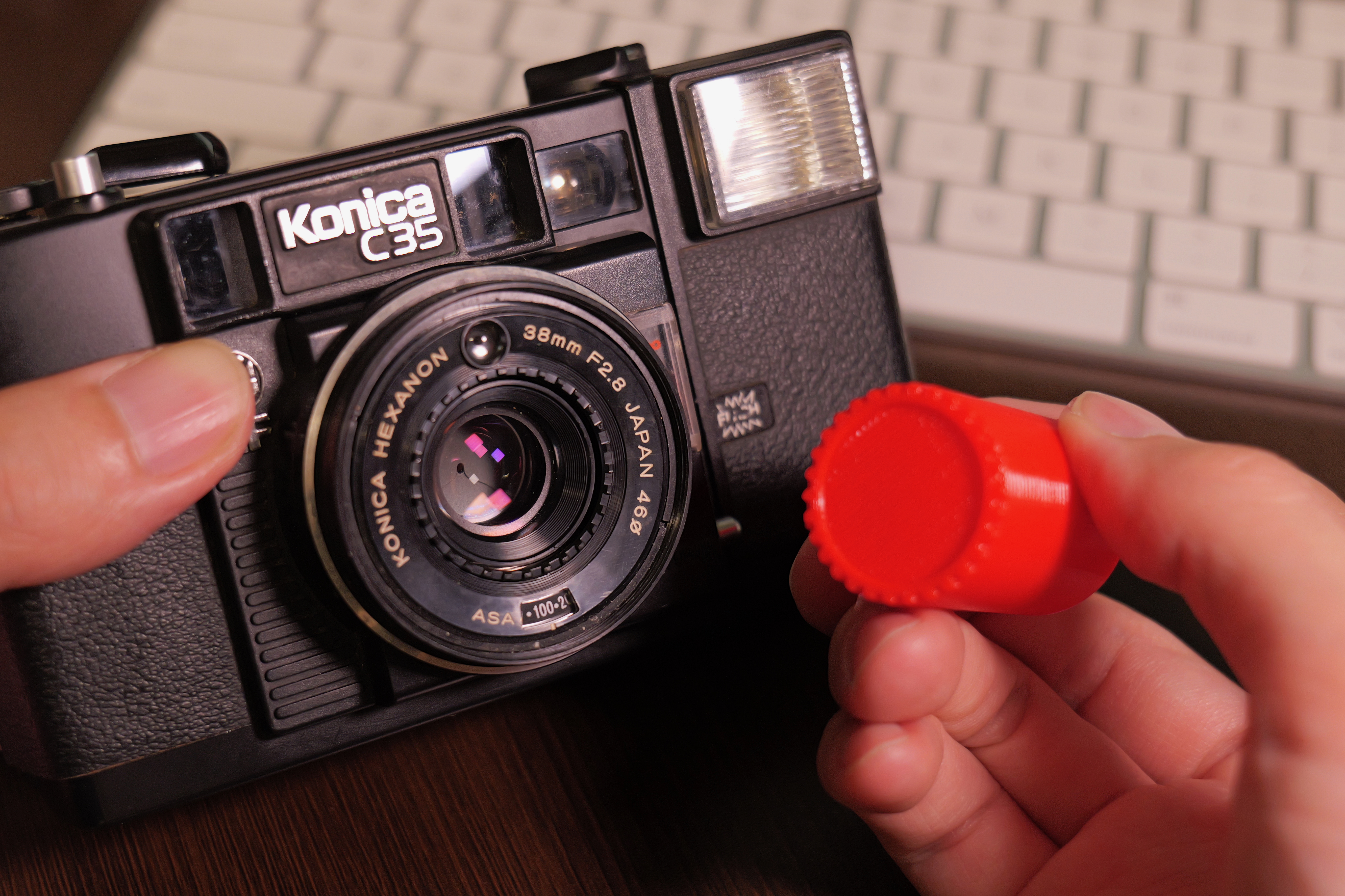 A tool for turning the film sensitivity change ring for the Konica C35AF