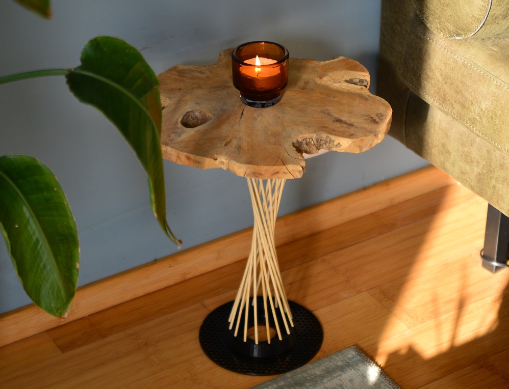 Designer Hyperboloid Side Table from prusa filament spool and bamboo skewers.