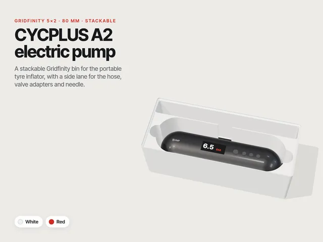 Gridfinity Bin for CYCPLUS A2 Electric Bike Pump – Hose & Adapter Lane, Stackable, 2 Colours