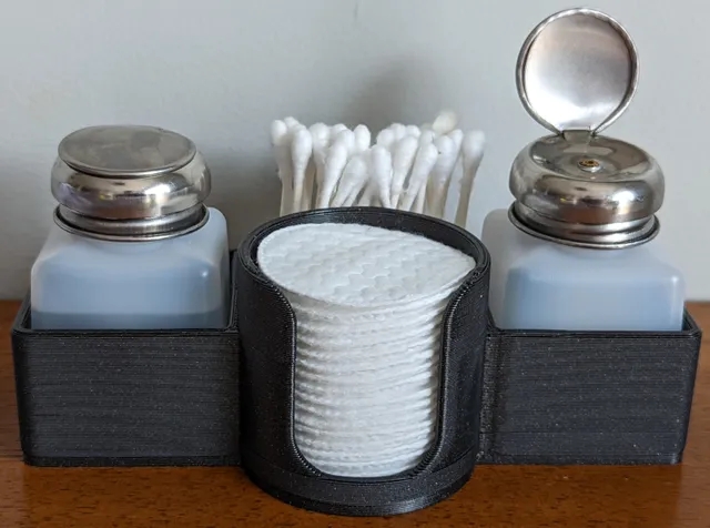 Liquid dispenser caddy with cotton swab/pad holders