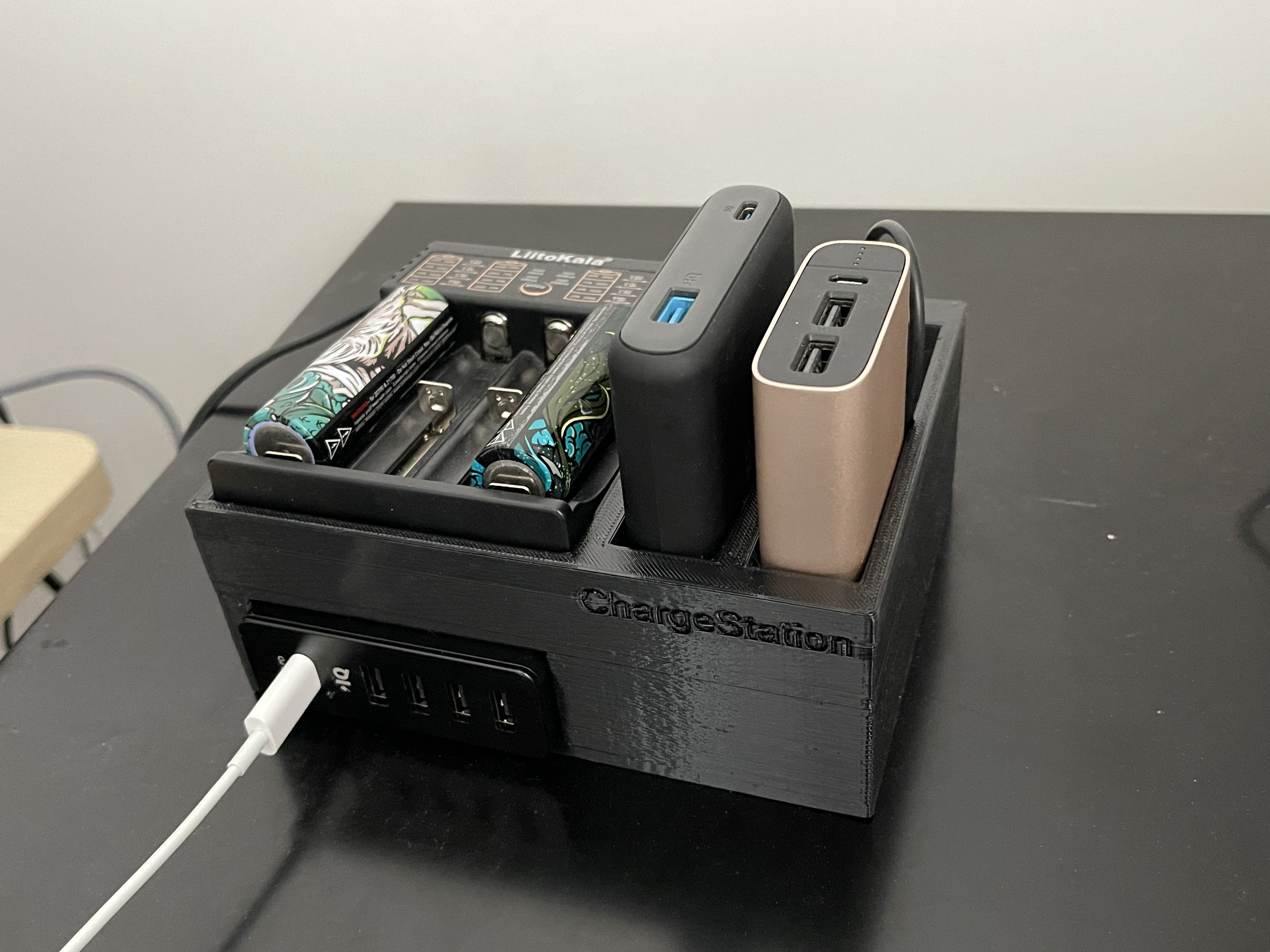 Desktop Charging Station - Fits Anker 5 Port Charger / 18650 battery charger / 2 drawers for power banks etc