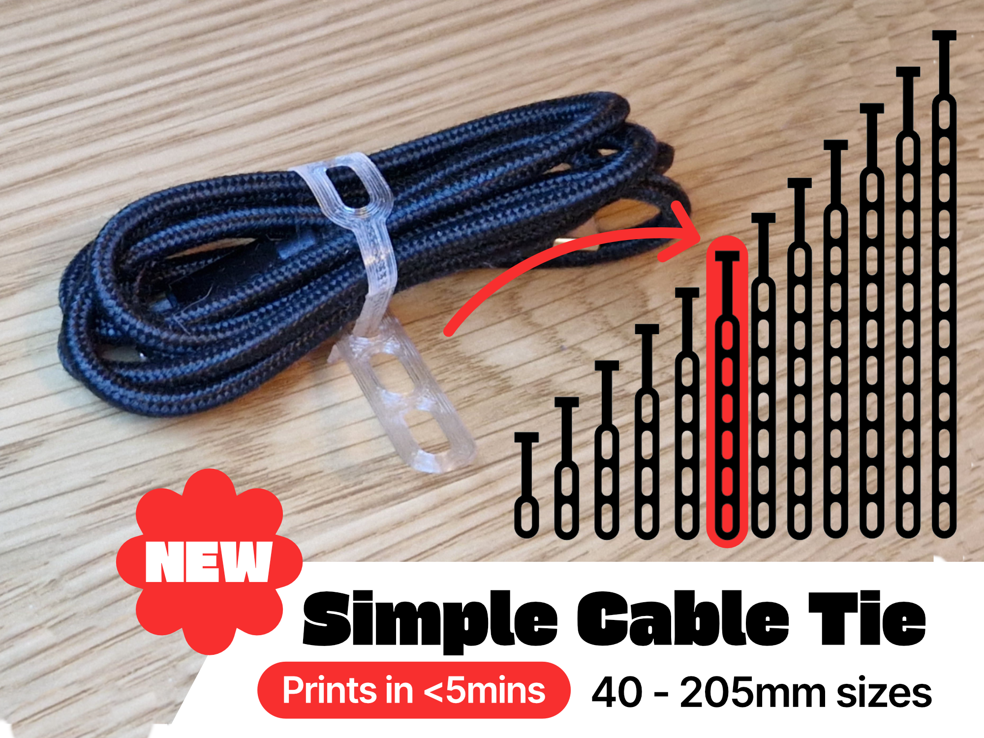 Cable Tie / Tie Organiser Reusable Tidy PETG/TPU 40-205mm Sizes 3D model thumbnail