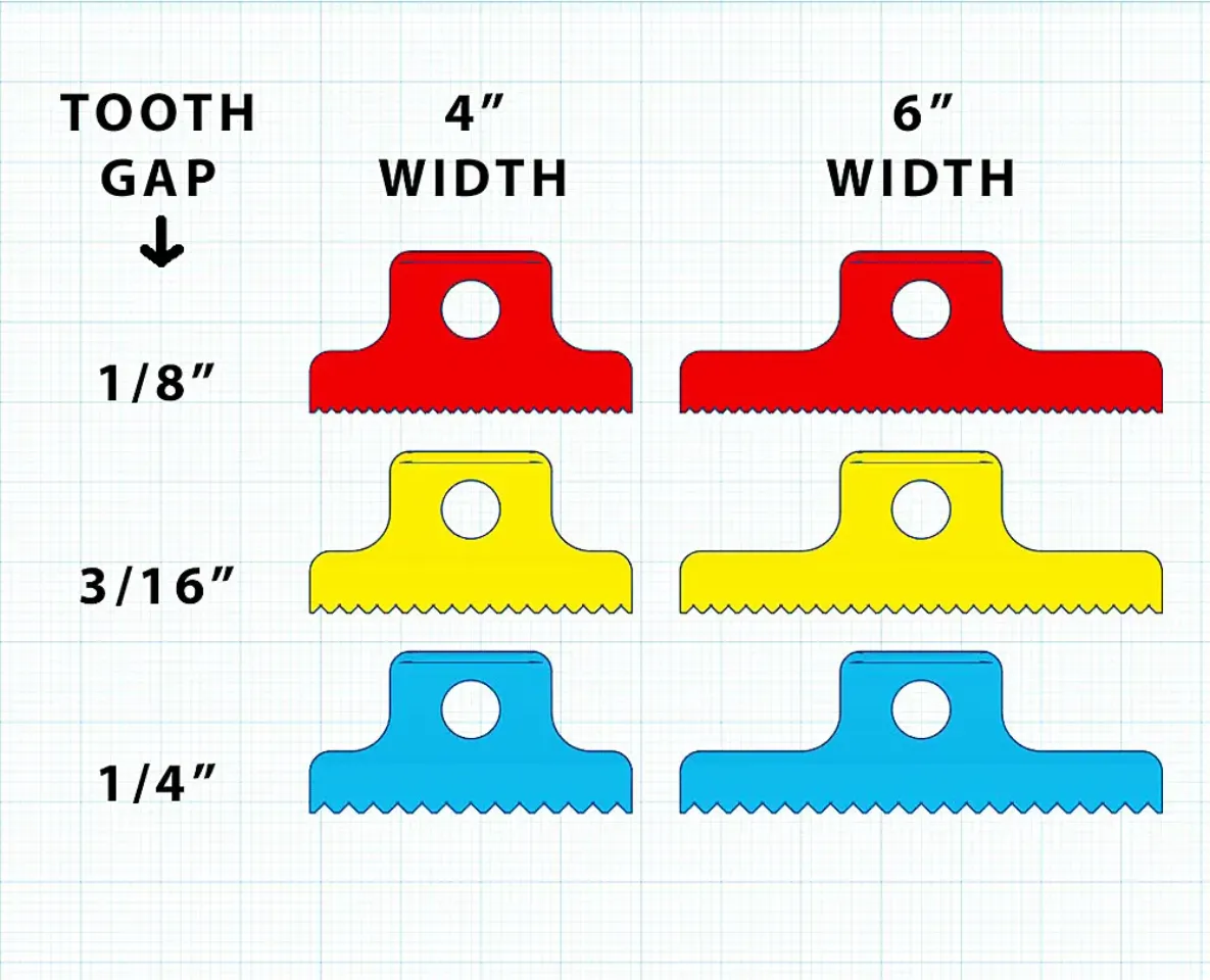 Glue / Adhesive Spreader - 4 & 6 Wide - 1/8, 3/16 & 1/4 Teeth