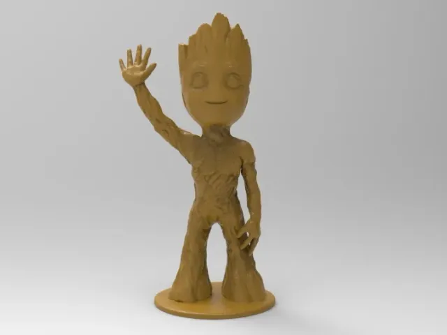 baby groot w hand touching leg