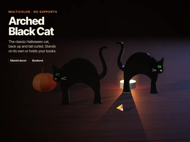 Arched Black Cat – Halloween Mantel Decor & Bookend, Multicolor Green Eyes, No Supports